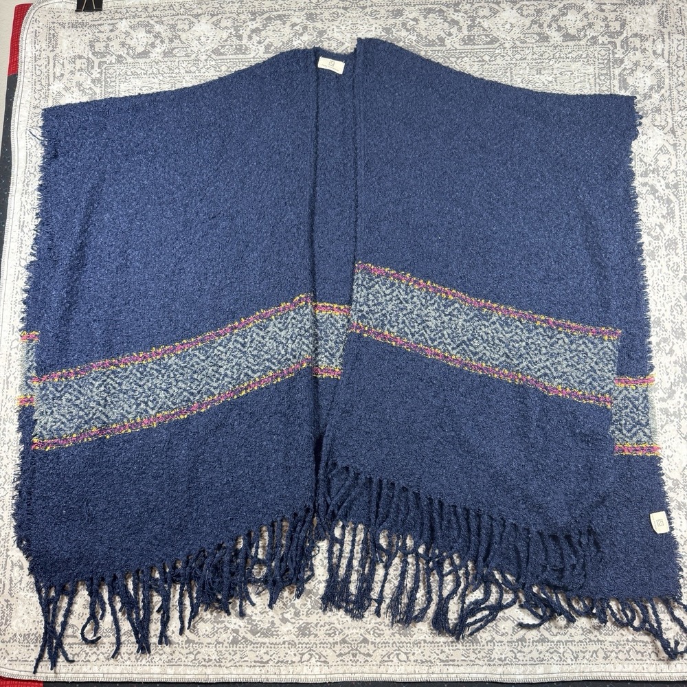 Pretty Persuasions Navy Blue Boucle Knit Fringe Poncho Wrap Bohemian Shawl OS